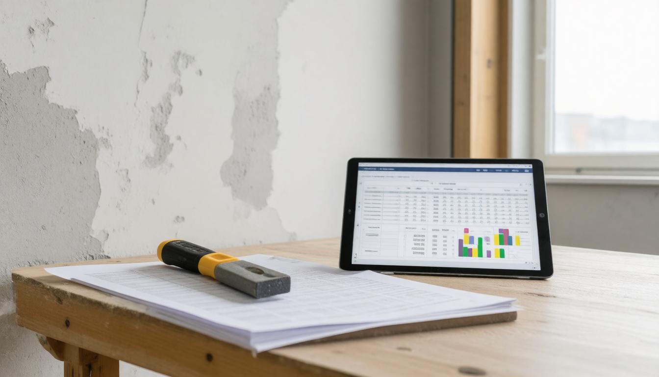 A tablet and a pen resting on a desk at a construction site, surrounded by tools and building materials.