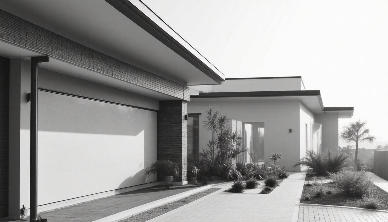 A black and white photo of a house featuring a prominent garage door.