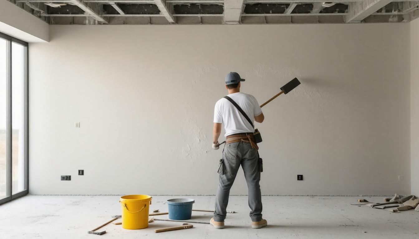 A man is painting a room with a paintbrush, focused on applying a fresh coat of color to the walls.