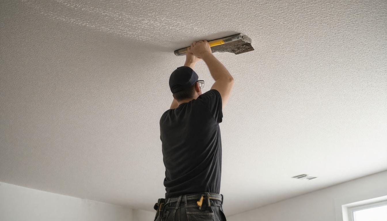 A man is painting the ceiling of a room with a roller, standing on a ladder.