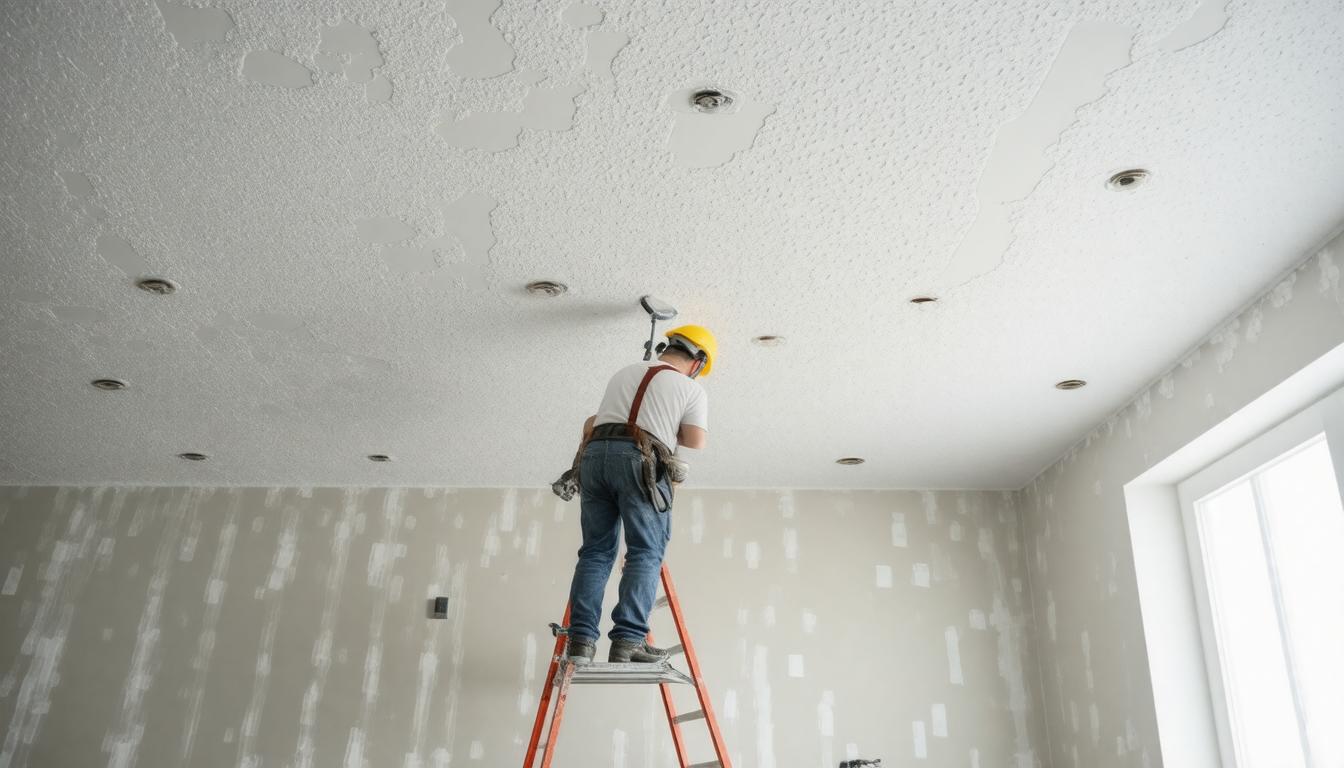 A man on a ladder is painting the walls of a room with a paint roller.