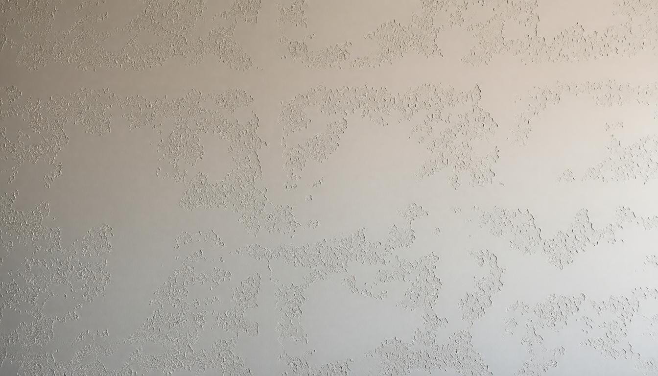 A white wall with peeling paint beside a simple white bed, creating a stark and worn interior atmosphere.