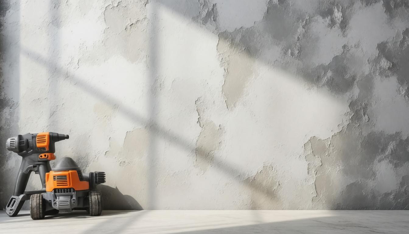 A concrete floor with a wall in the background, featuring a drill placed on the floor.