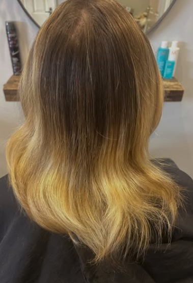 Blonde before and after hair extension transformation by Fly Girls Ipswich