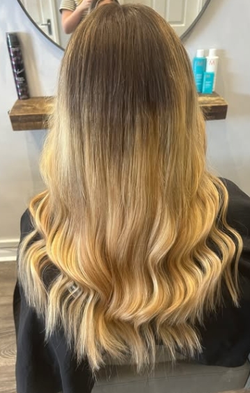 Blonde before and after hair extension transformation by Fly Girls Ipswich