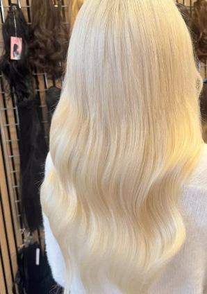 Long pale blonde hair extensions by Fly Girls Ipswich