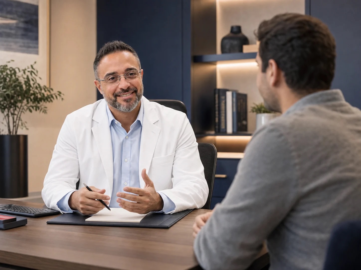 HMC provider talking with a patient during a walk-in visit at HMC Urgent Care in Dearborn