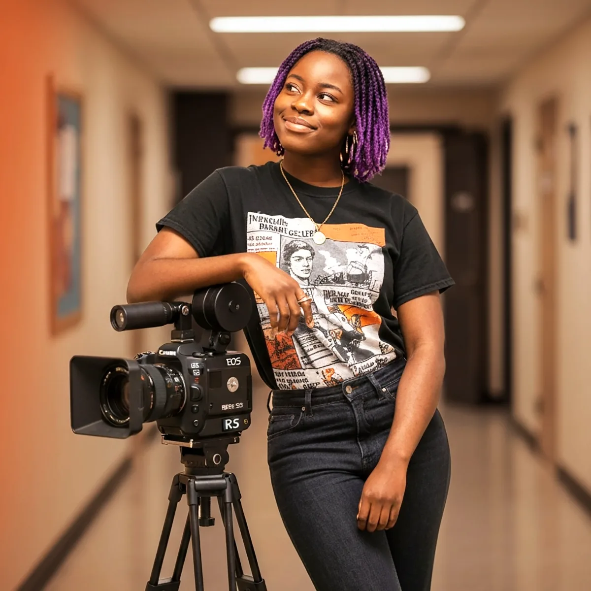 A Revele Creative Academy student operating a camera in Accra