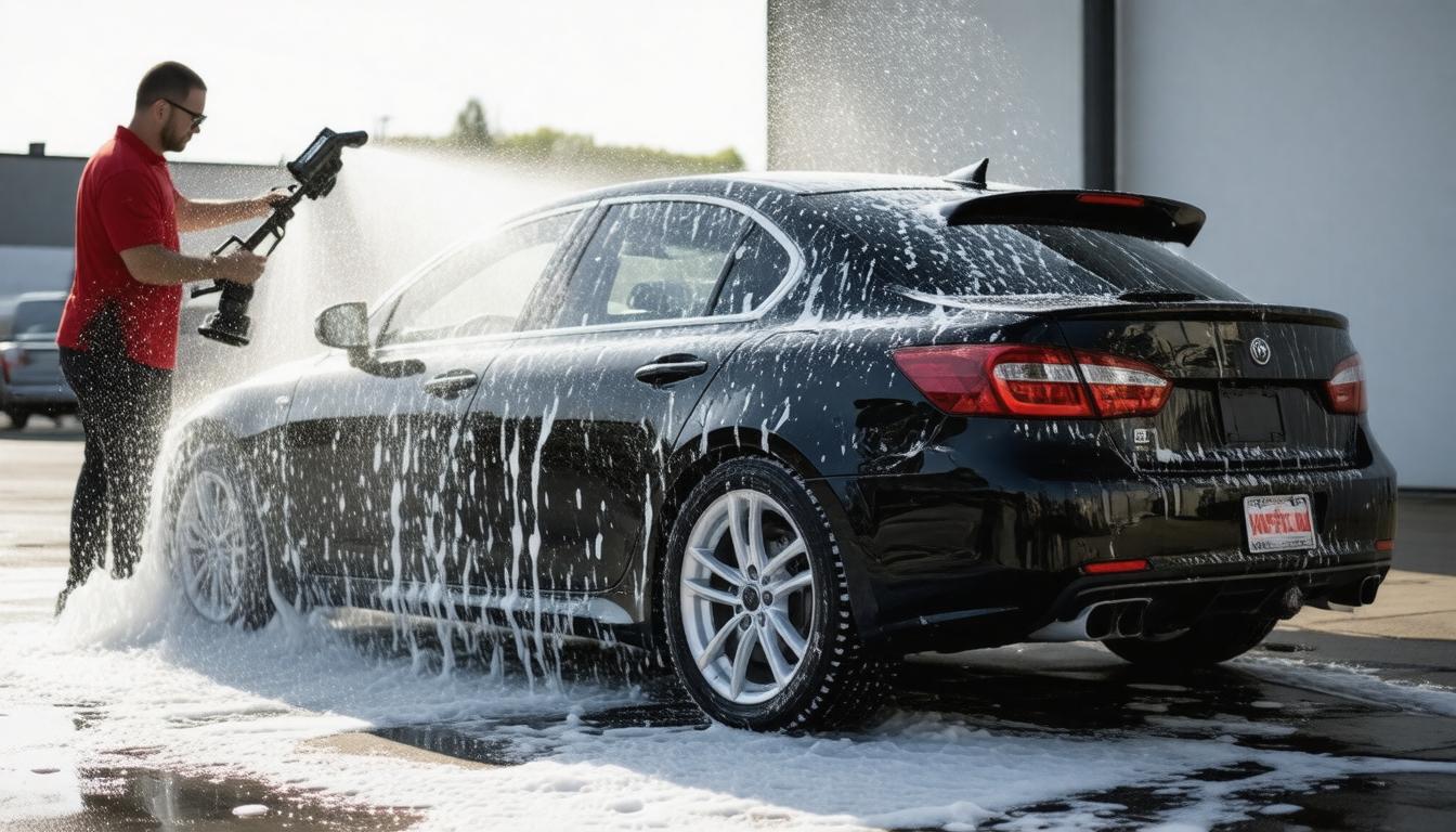 A man in a red shirt power-washes a black sedan covered in soap suds at a car wash. Sunlight reflects off the wet surface, creating a clean, fresh look.