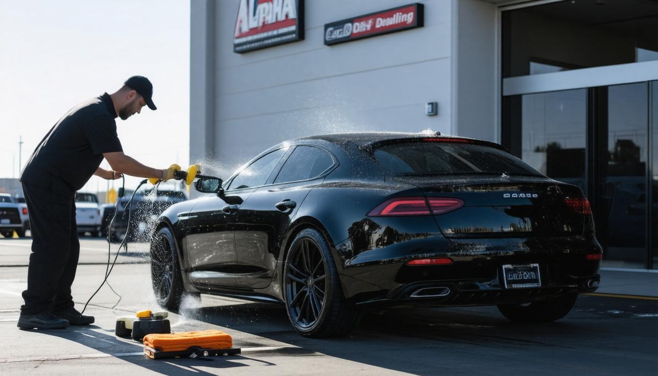 A man is polishing a sleek, black sports car outside an auto detailing shop. Water sprays on the car's shiny surface, creating a dynamic scene.