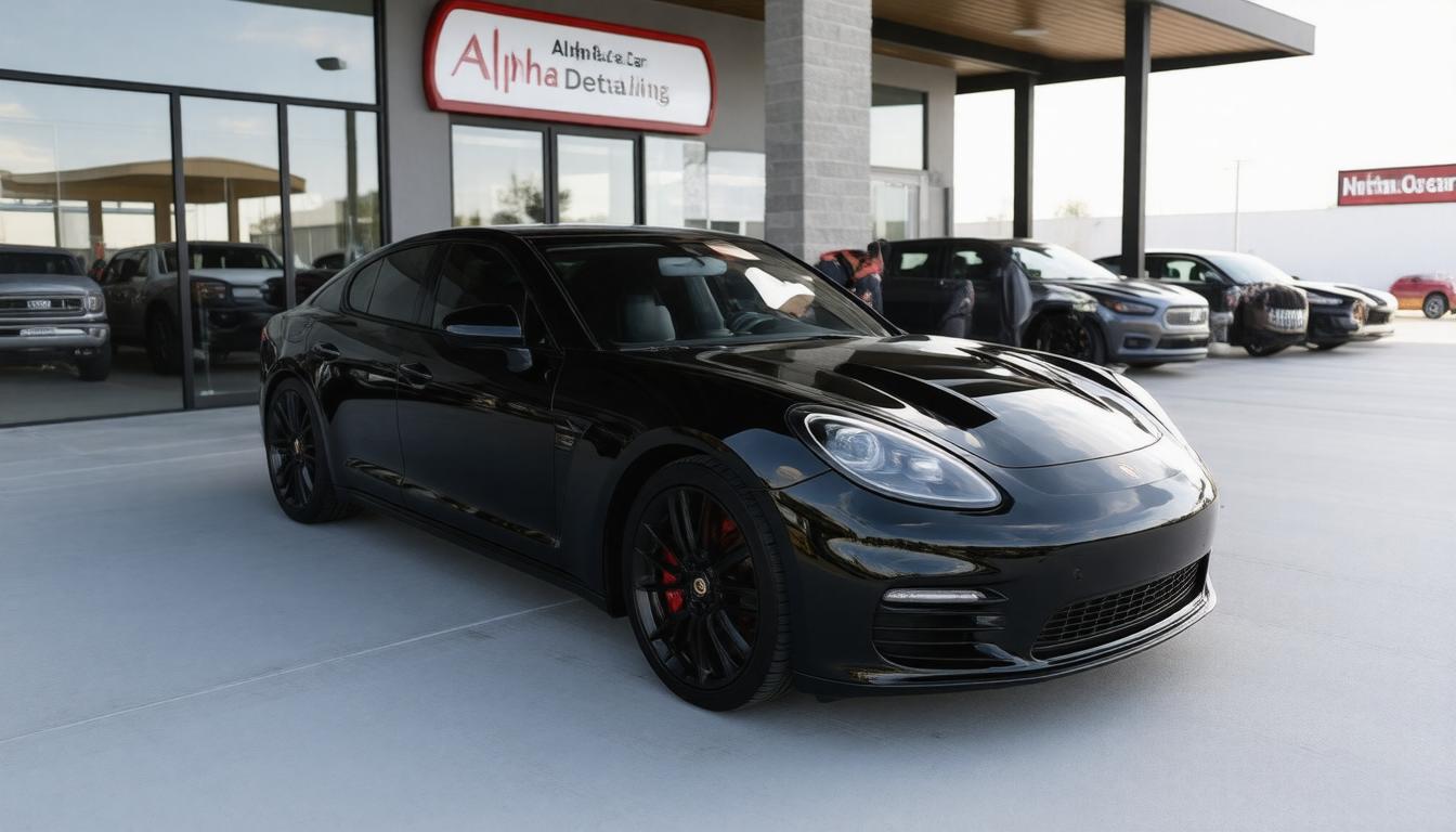 A sleek black sports car is parked in front of "Alpha Detailing." The car is shiny and polished, exuding luxury and performance, with other vehicles in the background.