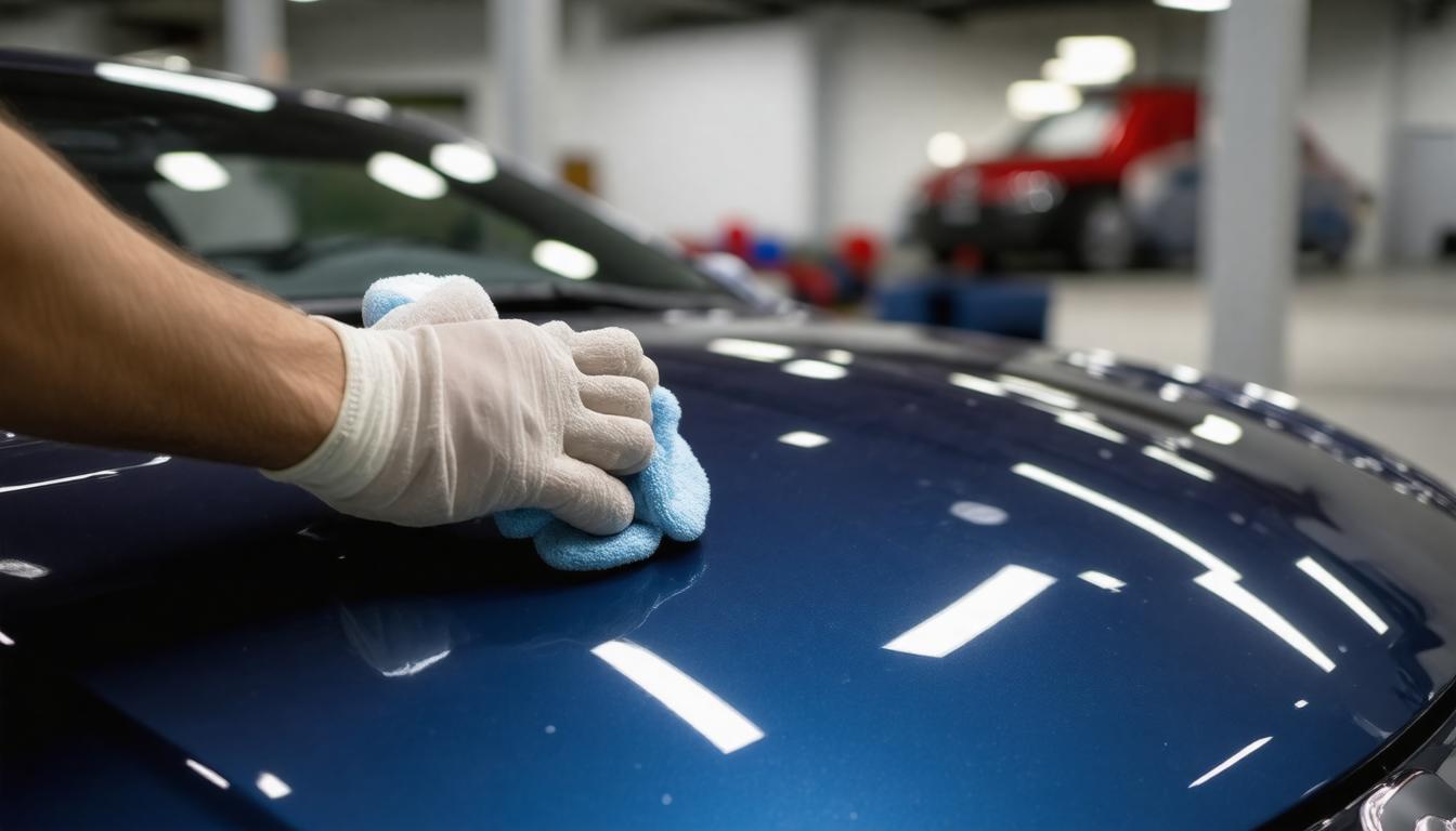 A person cleans the hood of a blue car, using a cloth to remove dirt and grime.
