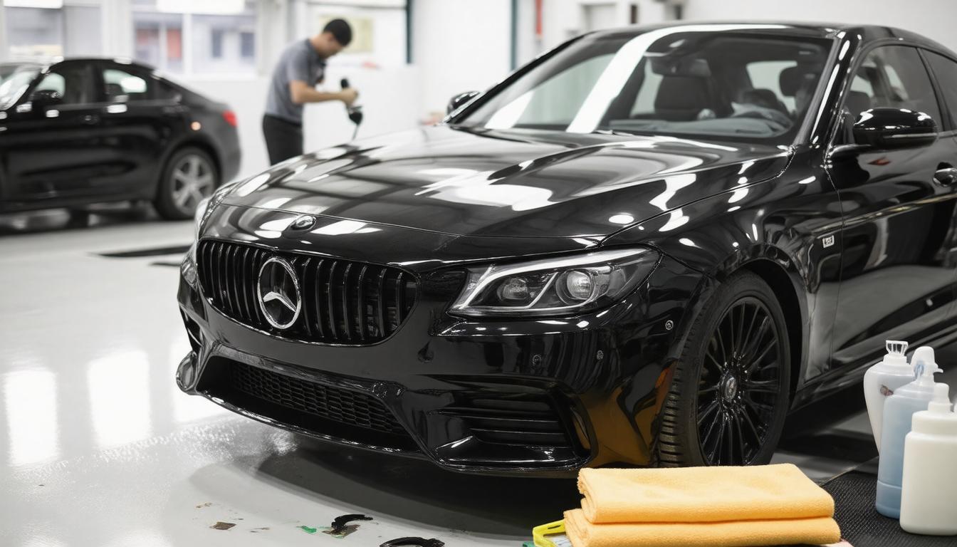 A black Mercedes is being cleaned inside a garage, with cleaning supplies and tools visible nearby.
