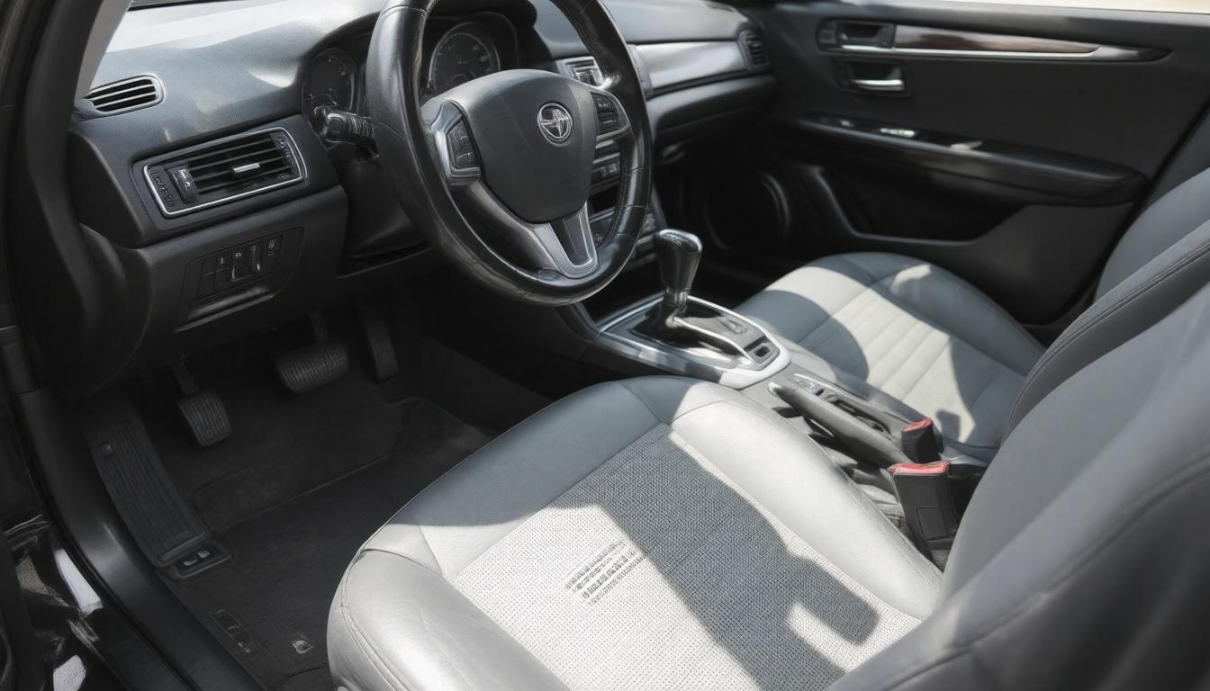 Car interior with a black steering wheel, gray fabric seats, and a central gear shifter. Sunlight creates soft shadows. Clean, modern aesthetic.