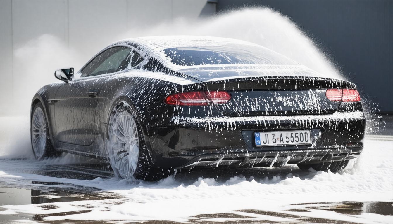 A sleek black sports car is being washed, covered in white soap suds. Water sprays in motion, creating a dynamic, clean, and glossy appearance.
