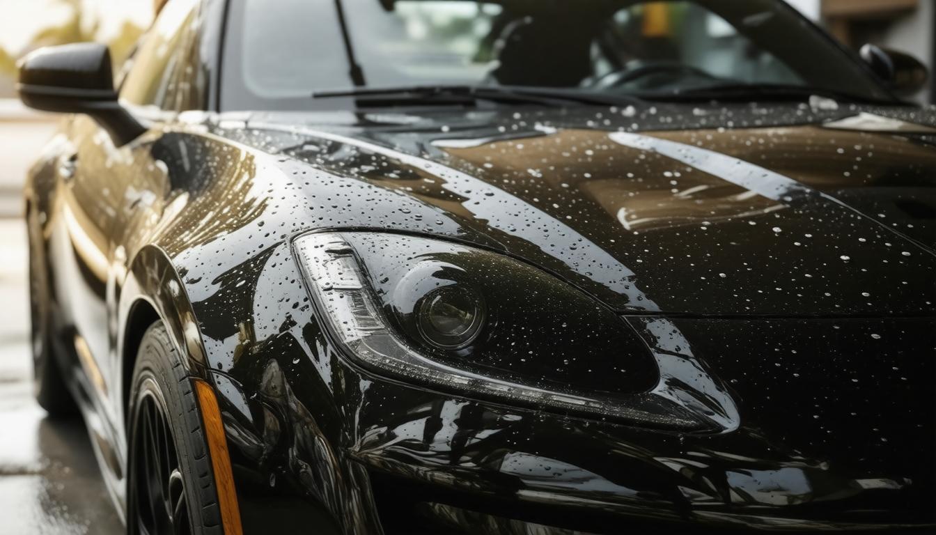 Close-up of a sleek black sports car with water droplets on the hood, capturing a glossy finish and luxurious feel under soft daylight.