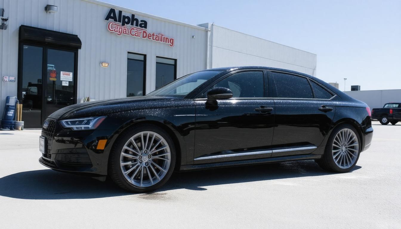 Sleek black sedan with shiny detailing parked in front of a building labeled "Alpha Car Detailing." The scene conveys a sense of luxury and cleanliness.