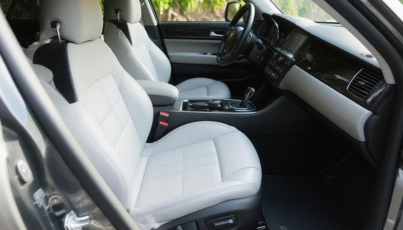 The car interior features light gray leather seats, a black dashboard with a mounted screen, and a steering wheel. It conveys a modern, clean look.