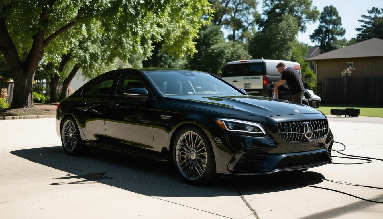 Mercedes S63 AMG parked in a driveway, showcasing its sleek design and luxury features.