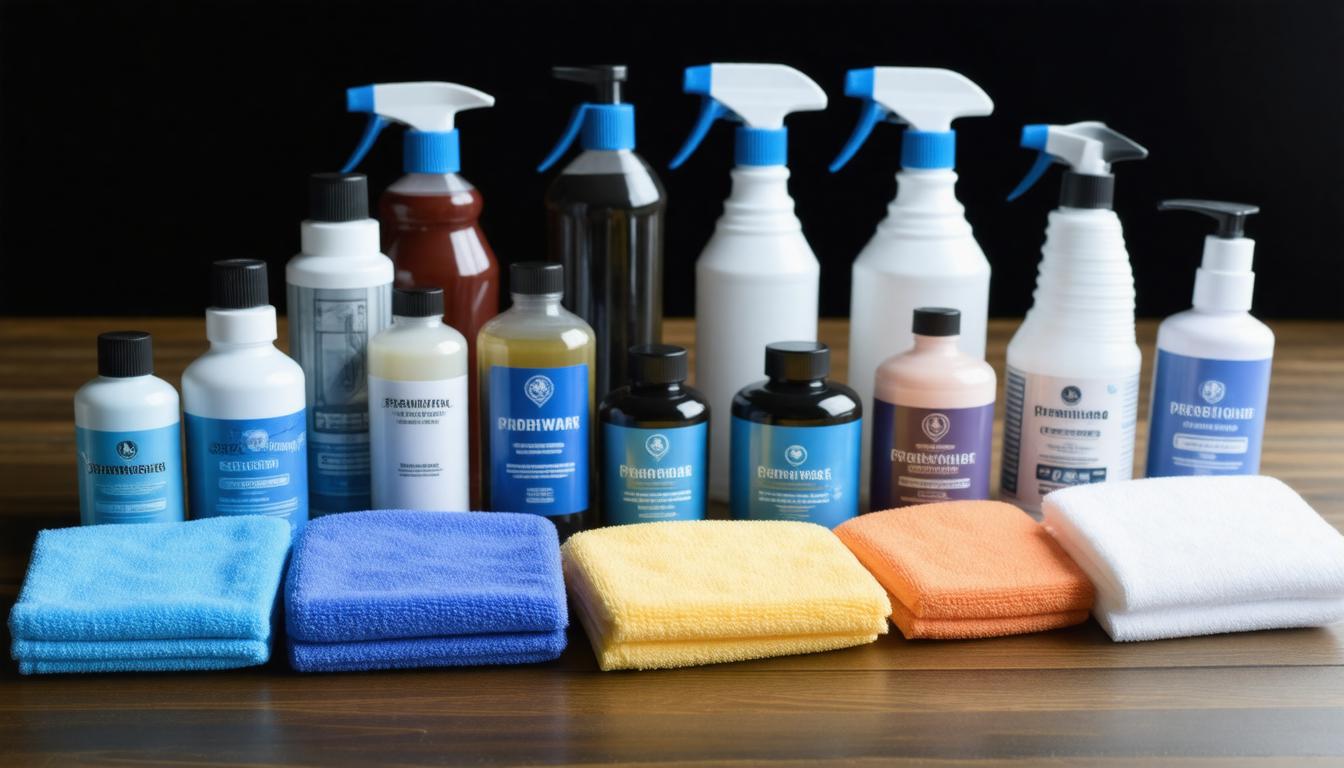 A variety of car cleaning bottles are arranged on a wooden surface, flanked by folded microfiber towels in blue, yellow, orange, and white, evoking a neat and organized appearance.