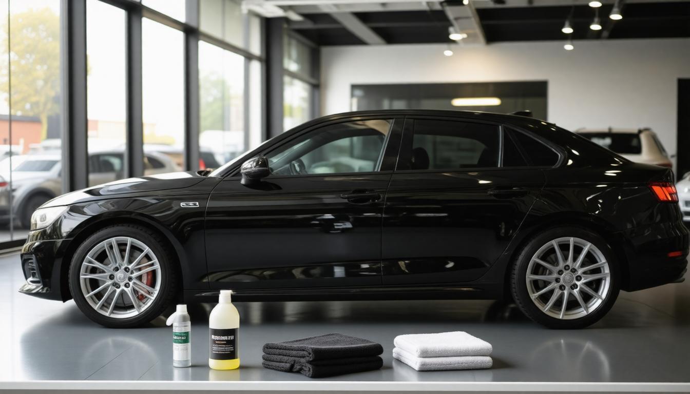 A black Audi car displayed prominently in a modern showroom setting.