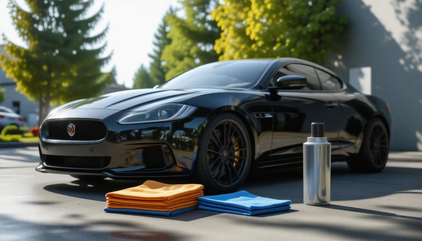 A black Jaguar car parked with towels and cleaning supplies arranged on the hood.