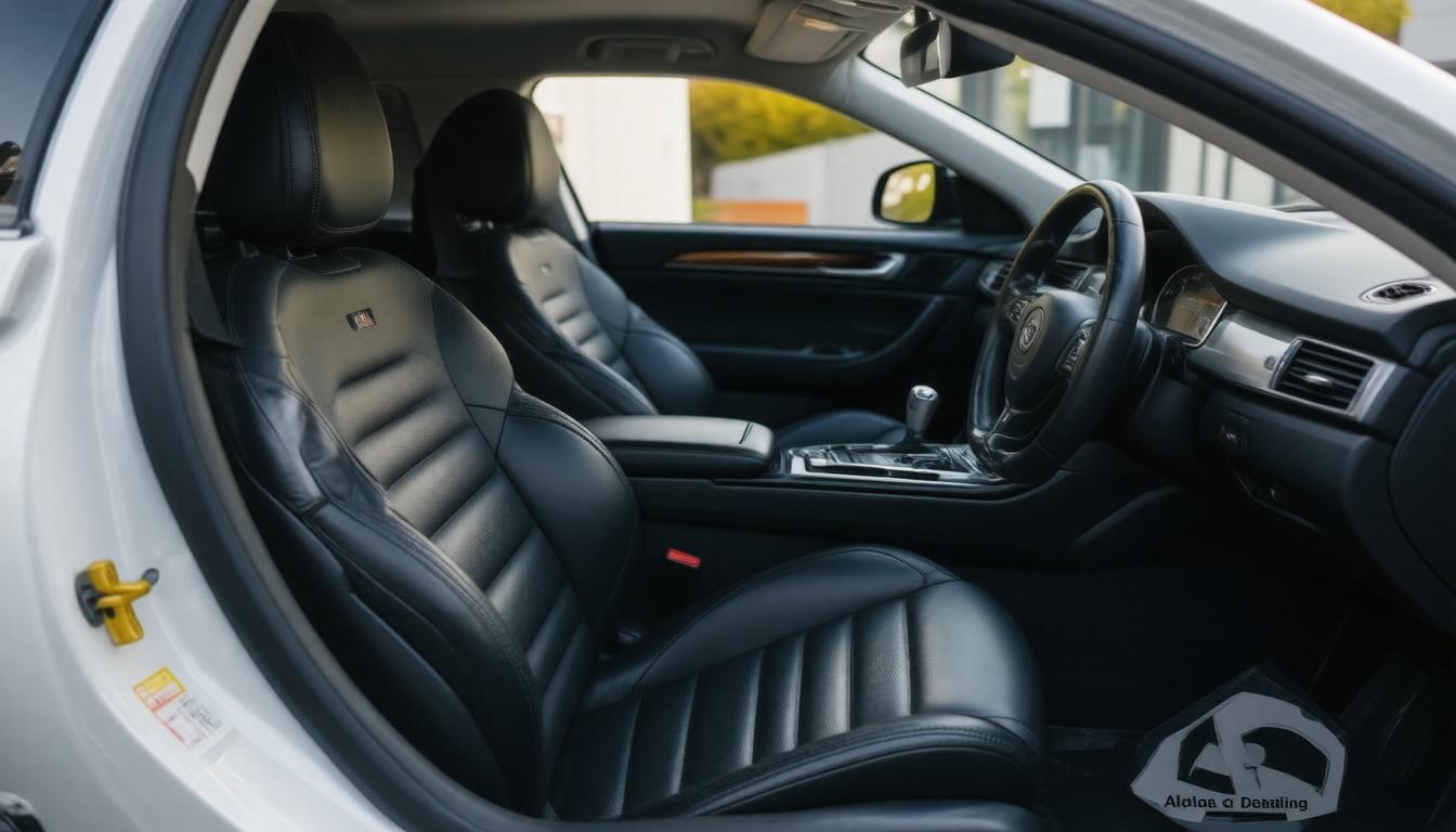 Luxurious car interior featuring sleek black leather seats and a modern dashboard. The atmosphere is elegant and polished, suggesting high-end design.