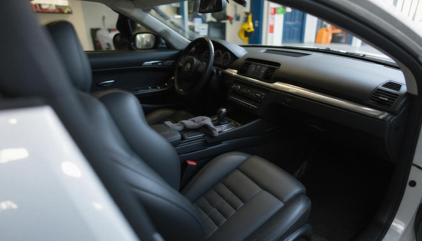Interior of a car showing black leather seats, a sleek dashboard, and a manual gear shift. The setting is neat and modern, suggesting comfort and luxury.