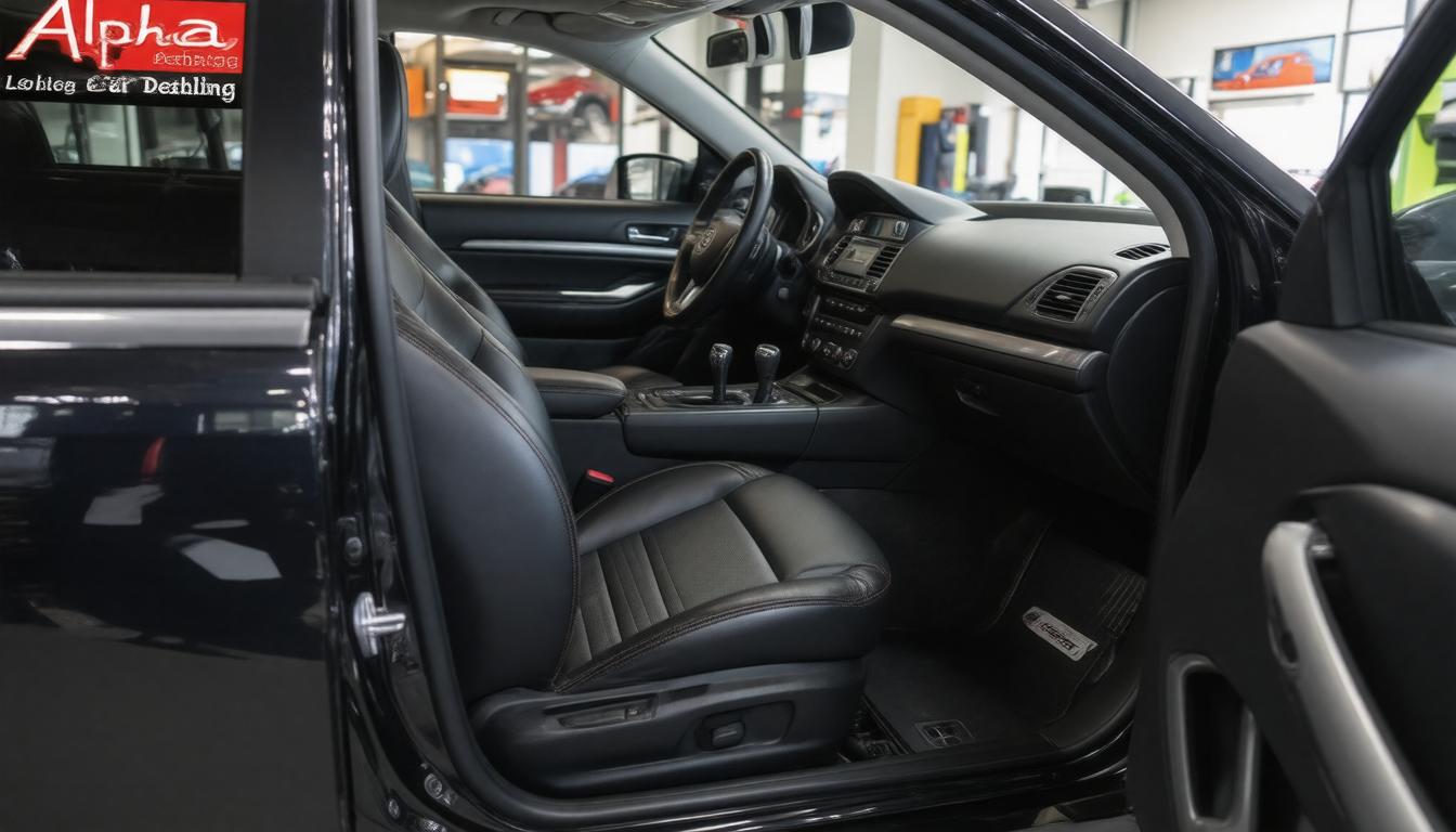 The image shows a clean, detailed car interior with black leather seats and a polished dashboard, creating a sense of luxury and comfort.
