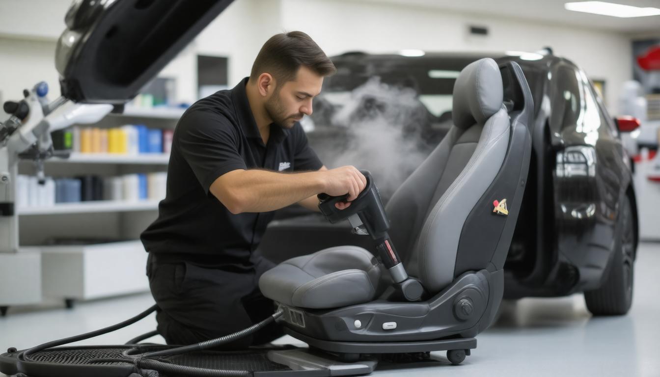 A person in a workshop uses a steam cleaner on a gray car seat, with a black car in the background. The scene conveys a clean, professional atmosphere.