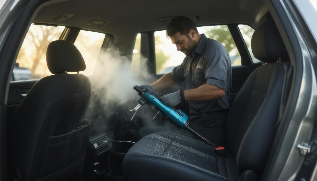 A man in a uniform steam cleans the interior of a car with a blue device, creating mist. The setting is a sunlit vehicle interior, conveying cleanliness.