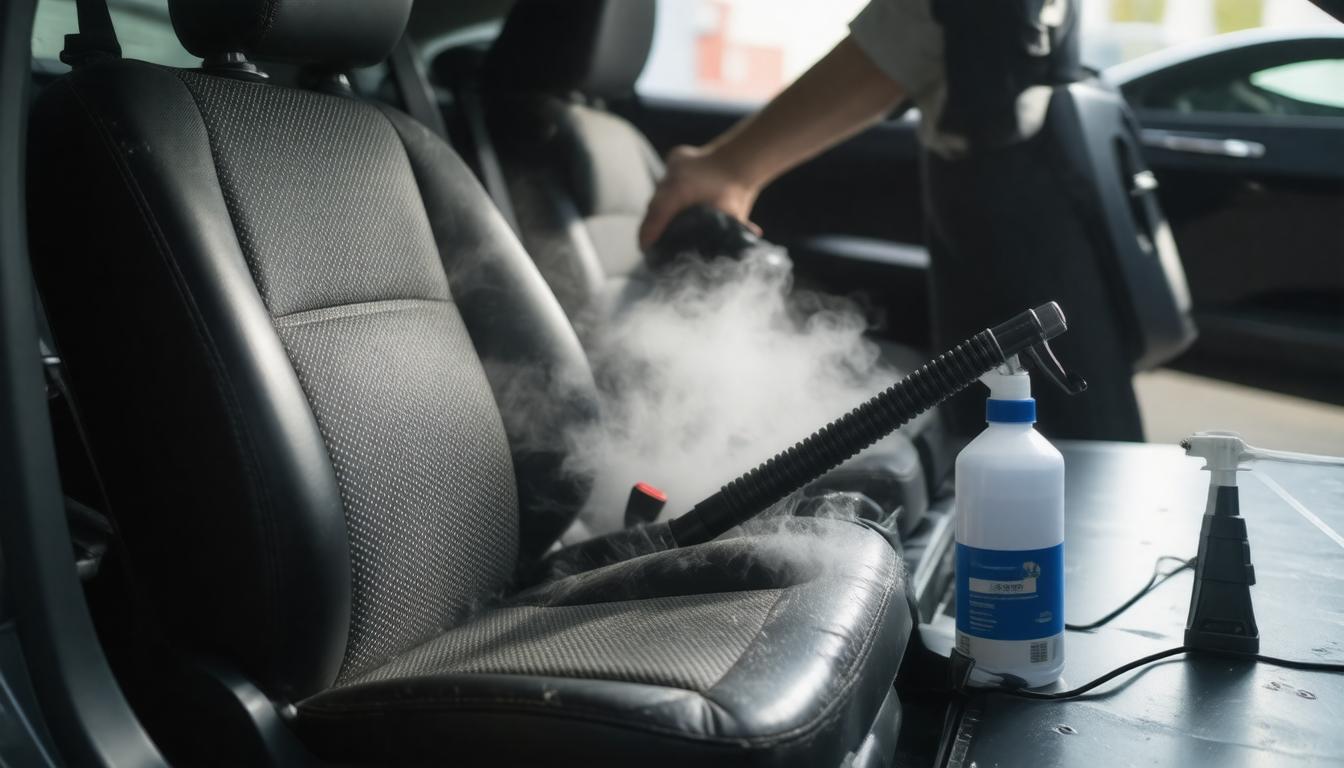 A person uses a steamer to clean a car's black leather seat, emitting visible steam. Nearby, a bottle of cleaning solution rests on a table.