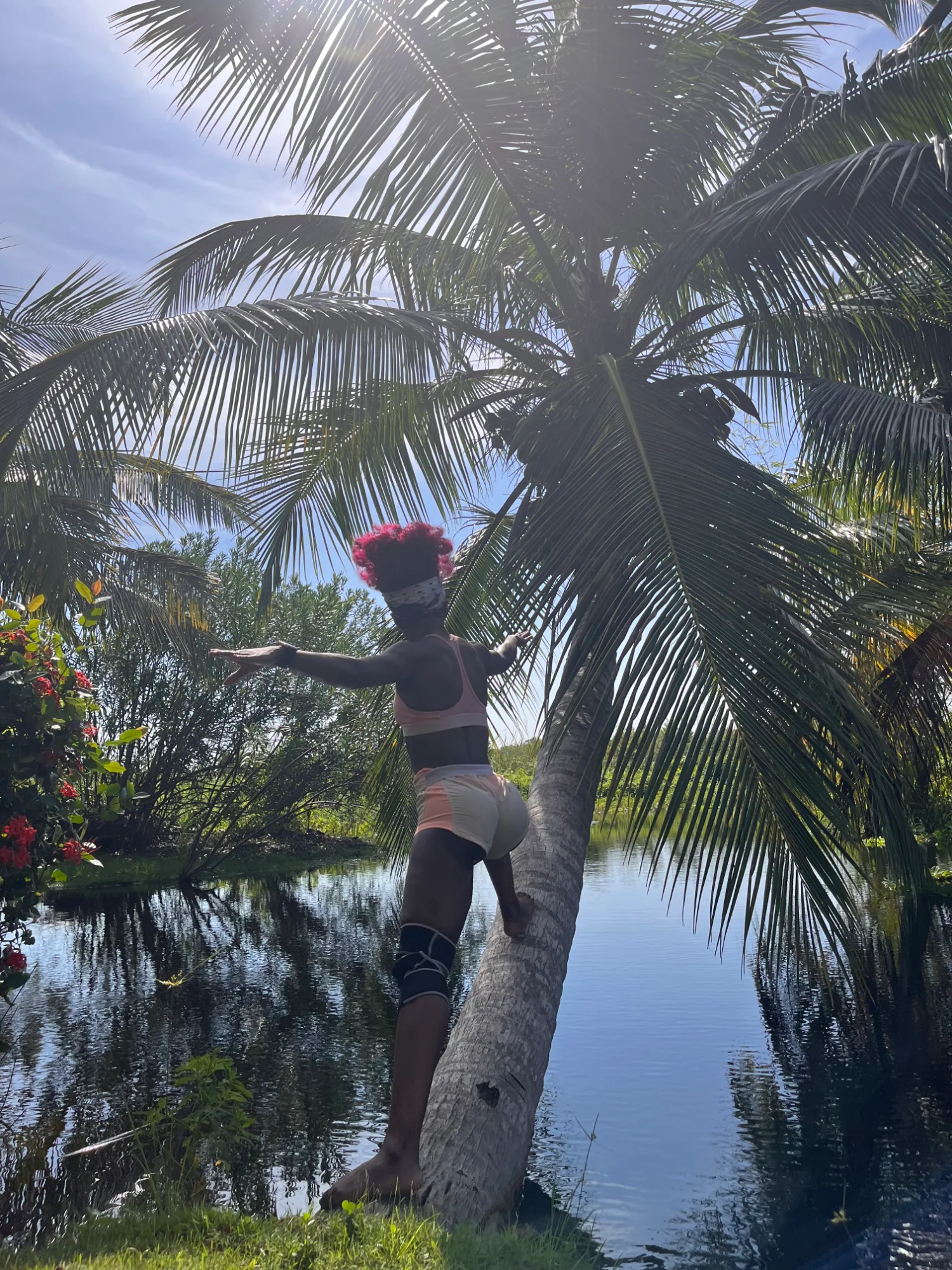 A woman balancing on a leaning palm tree by a calm river, arms outstretched in the sunshine