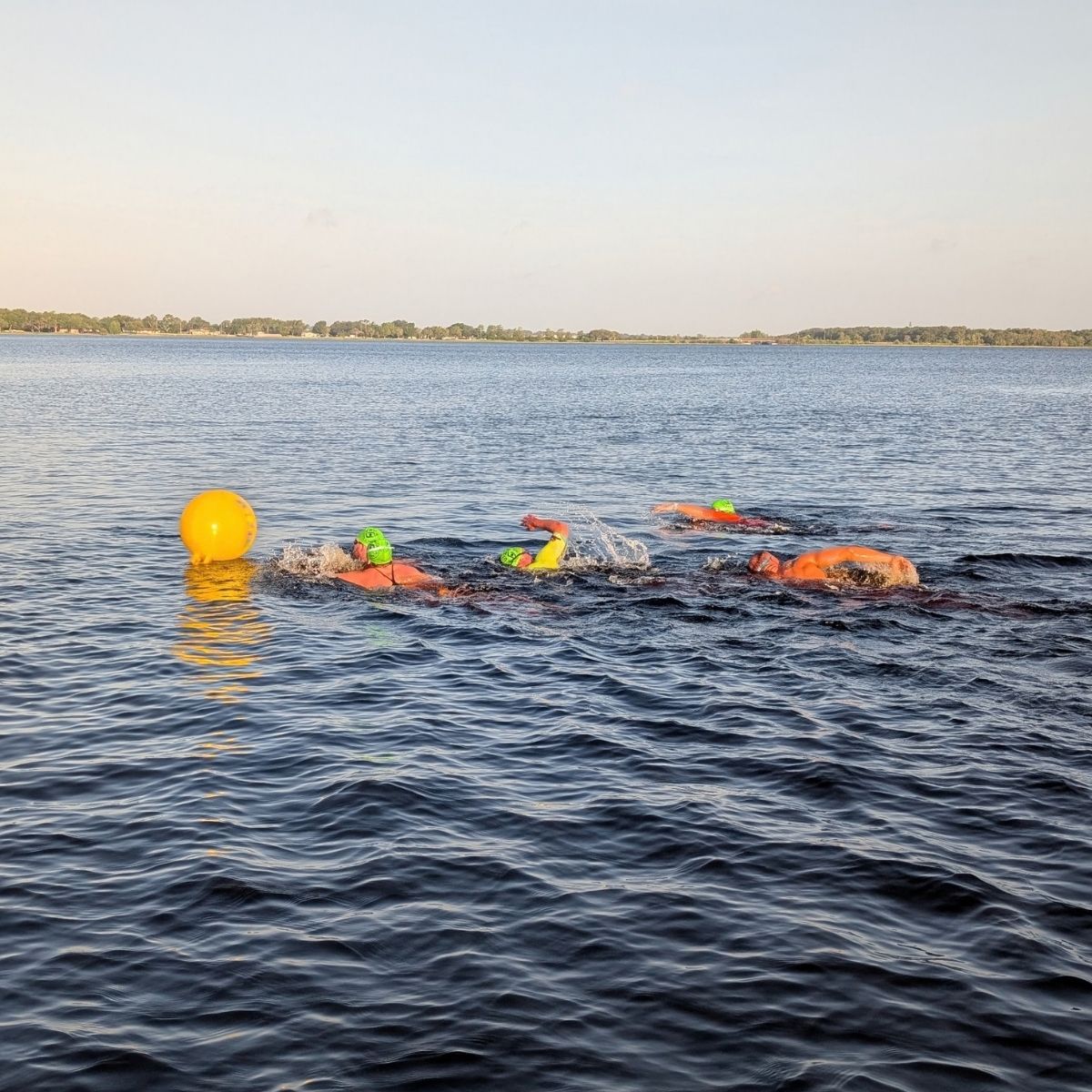 Open-water swim practice around a buoy