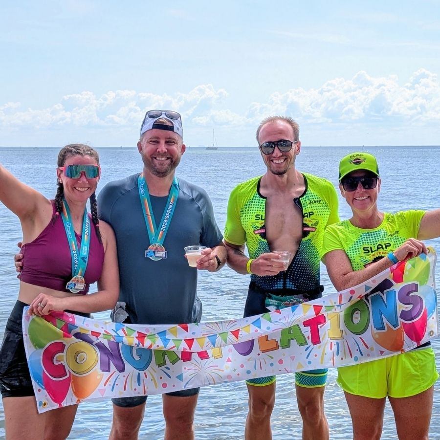SLAP athletes celebrating a first triathlon finish