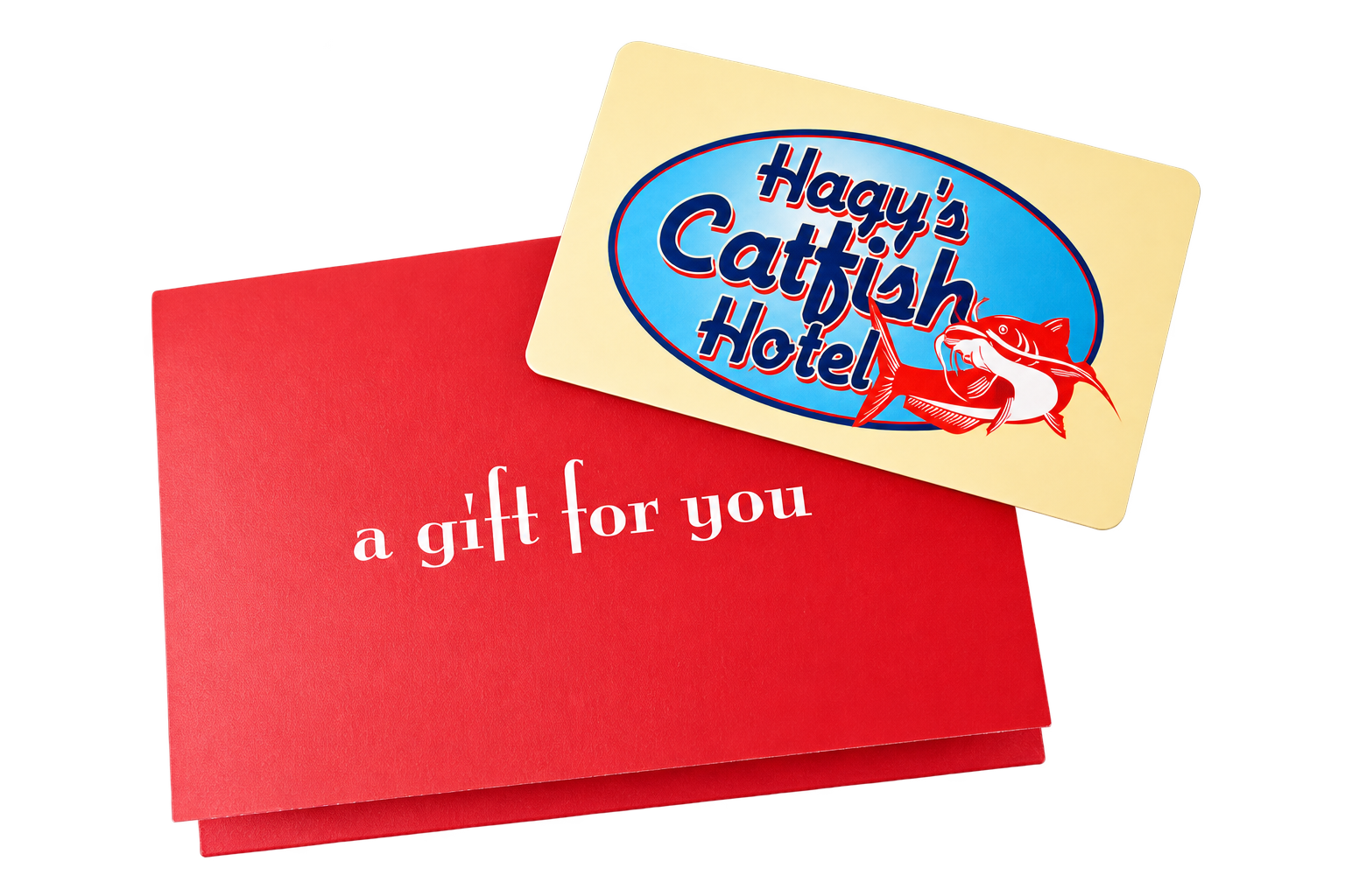 Hagy's Catfish Hotel gift card resting on a red envelope that reads a gift for you