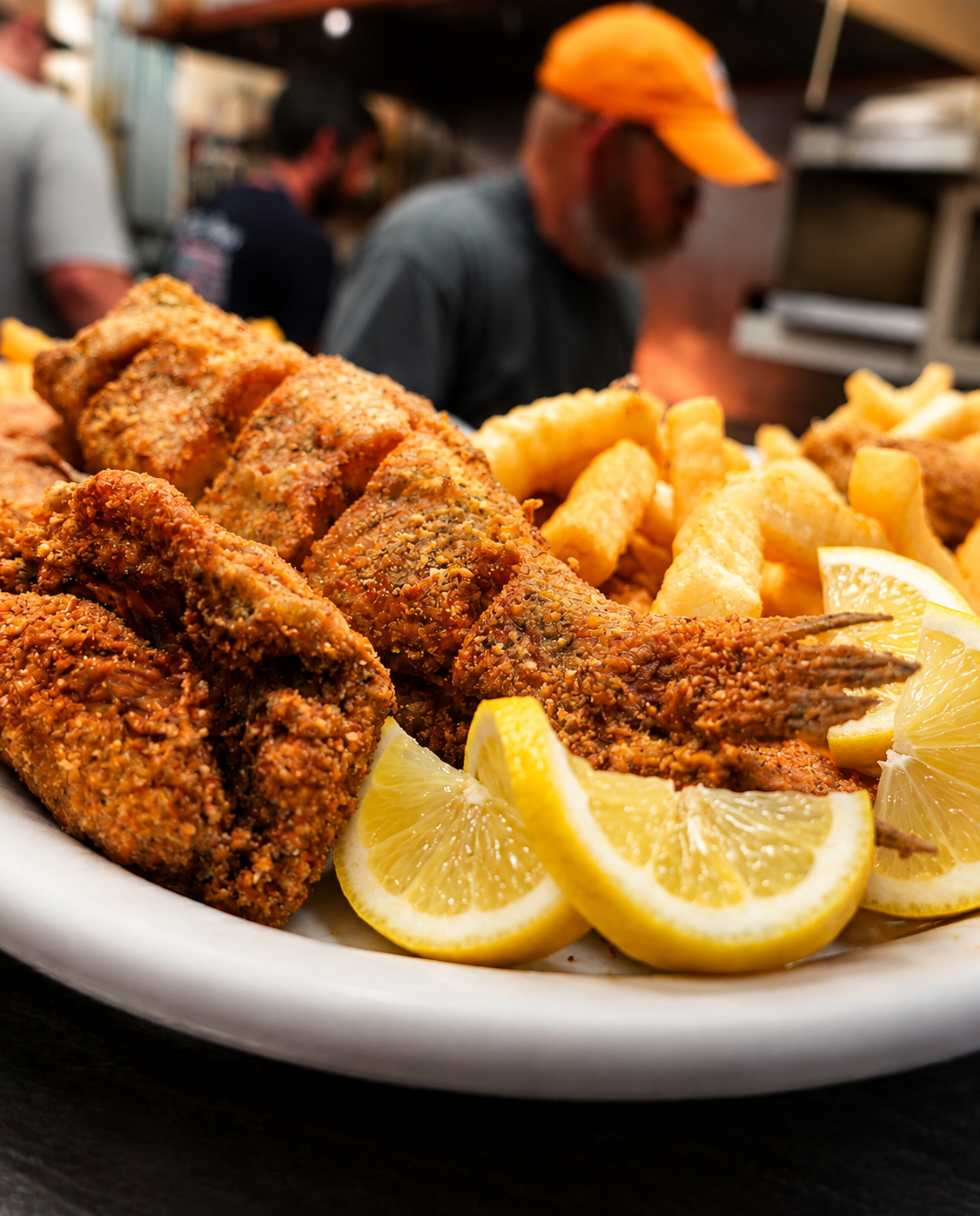 Plate of crispy fried catfish fillets with lemon wedges and fries