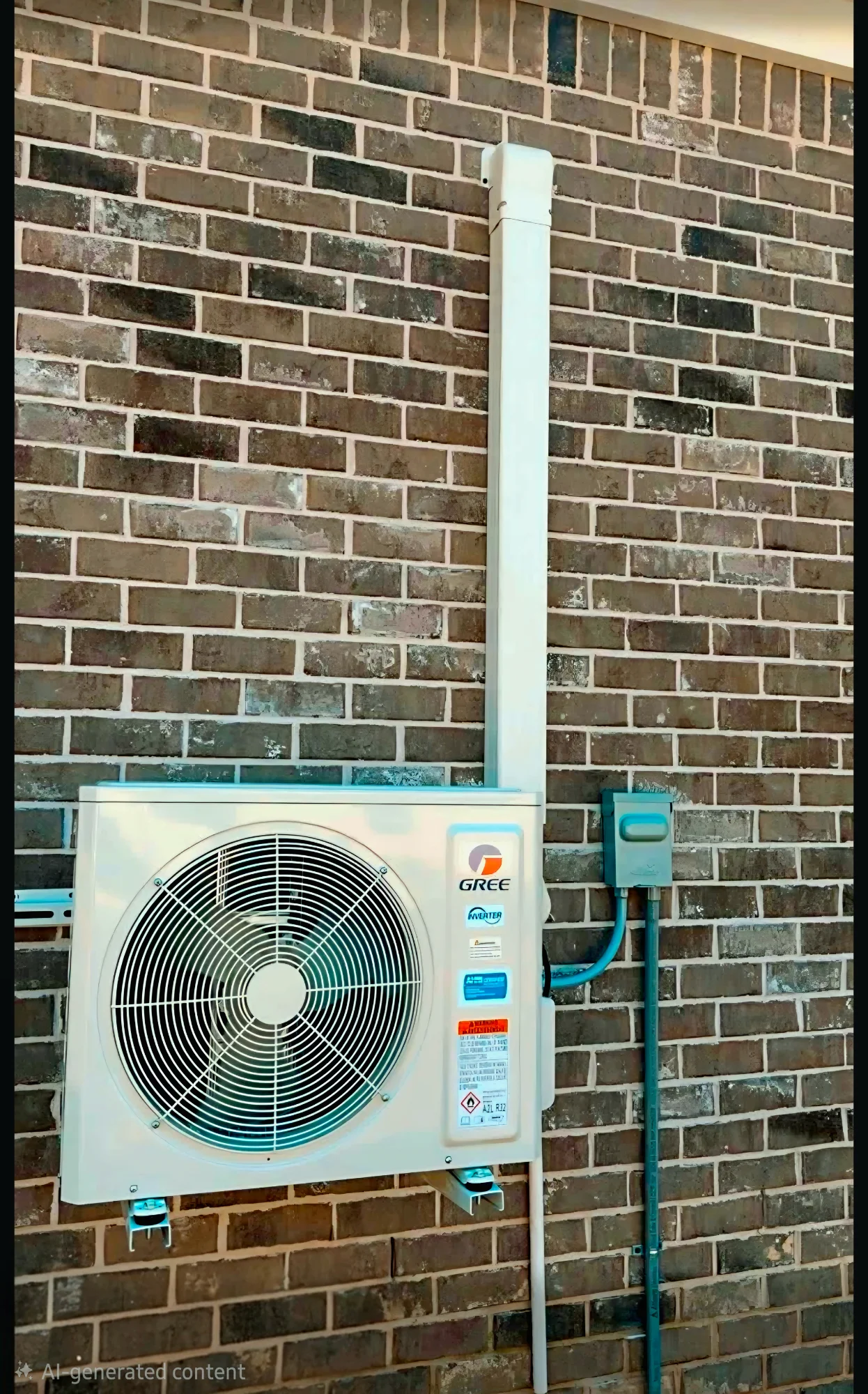 Wall-mounted Gree inverter outdoor air conditioning unit on a brick home