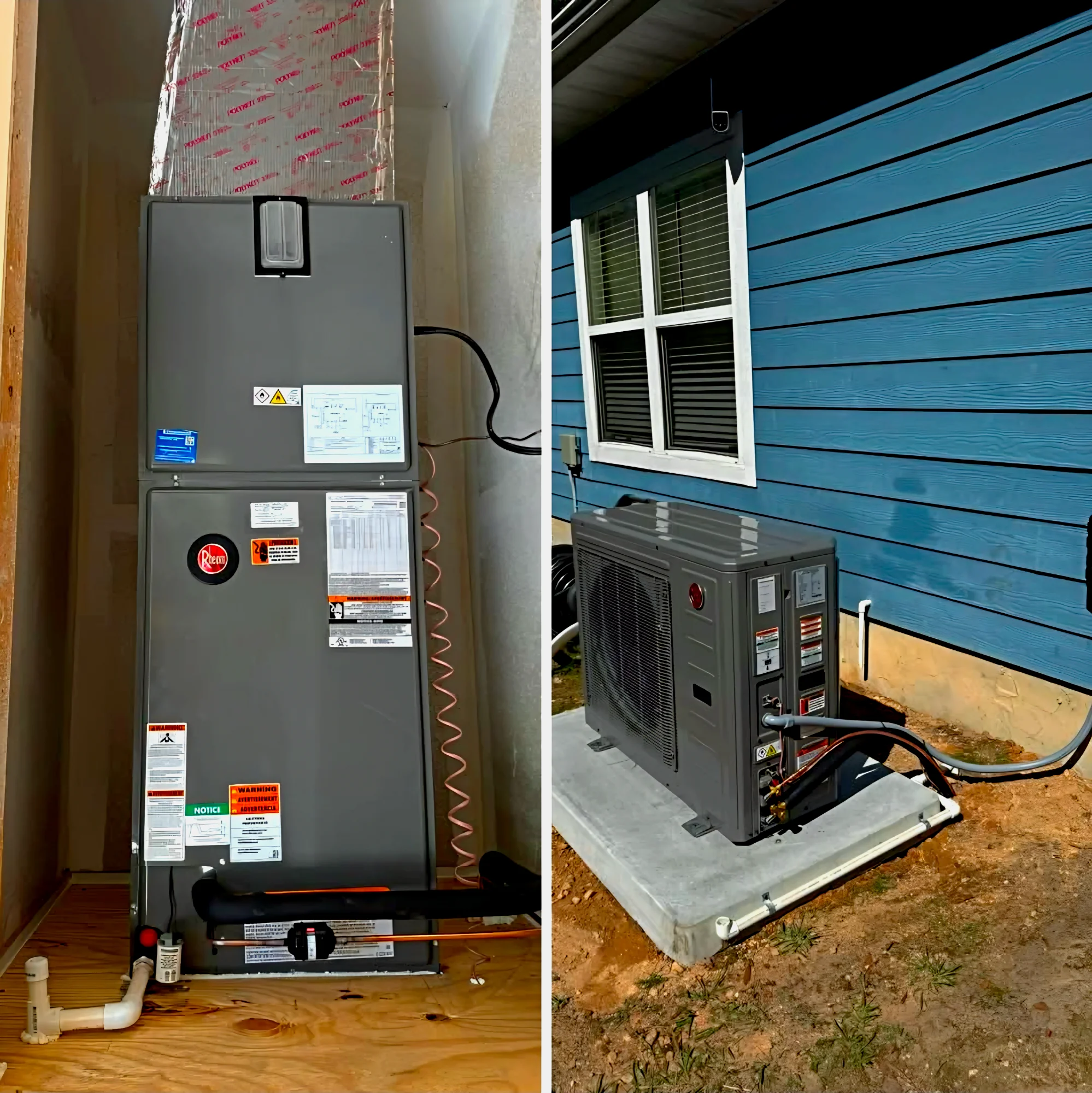 Newly installed Rheem indoor air handler and outdoor condenser beside a home