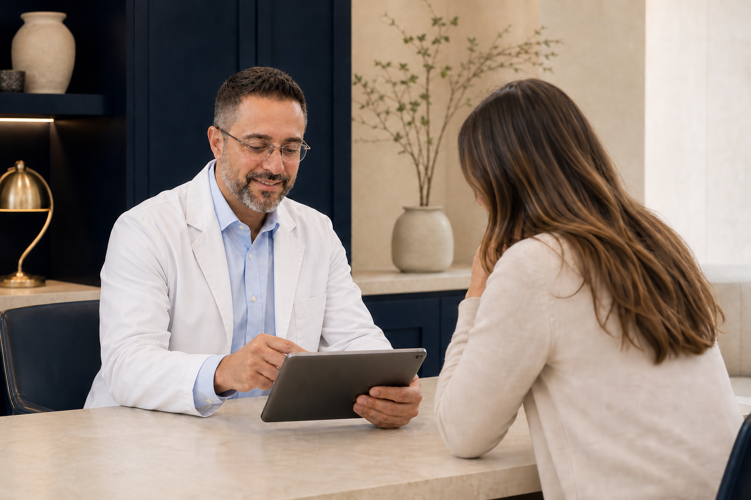 Dr. Ali Hazimeh reviewing an iPad with a patient during a private consultation at Peptes Clinic in Dearborn