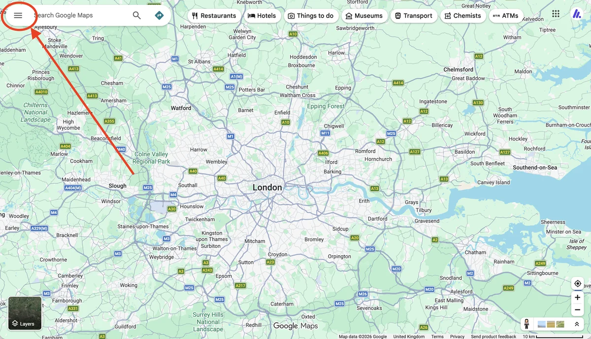 Google Maps home page with the menu icon in the top left corner circled