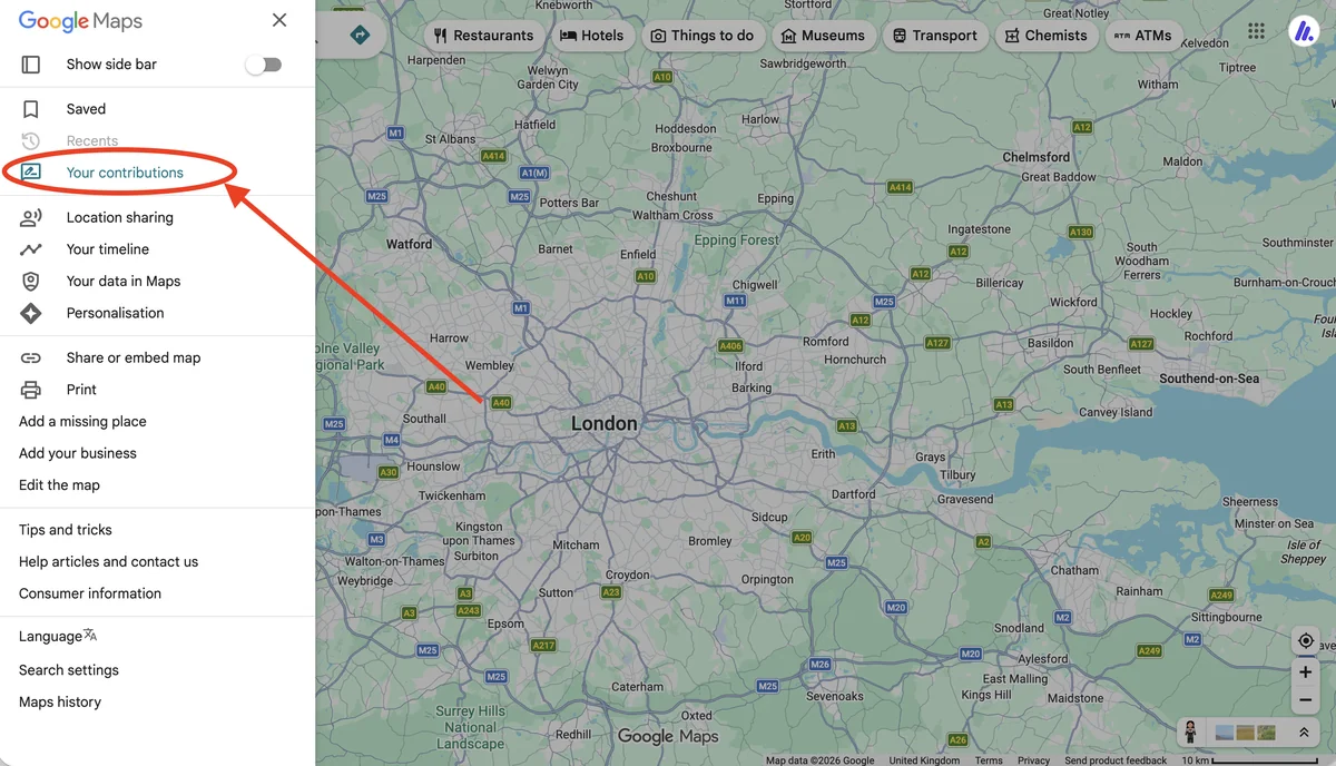 Google Maps menu with Your contributions circled