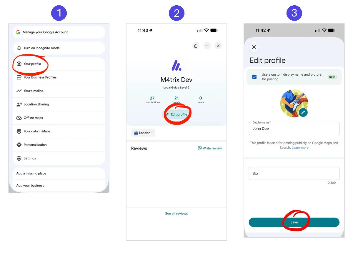 Three Google Maps app screens: the menu with Your profile circled, the profile with Edit profile circled, and the Edit profile screen with the box ticked and Save circled
