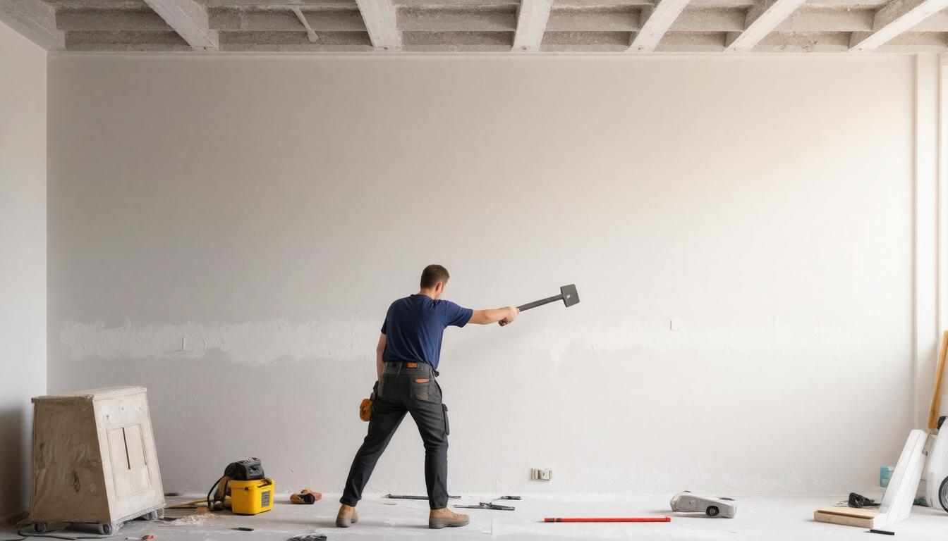 A man is applying paint to a wall in a room, focused on his task with tools nearby.