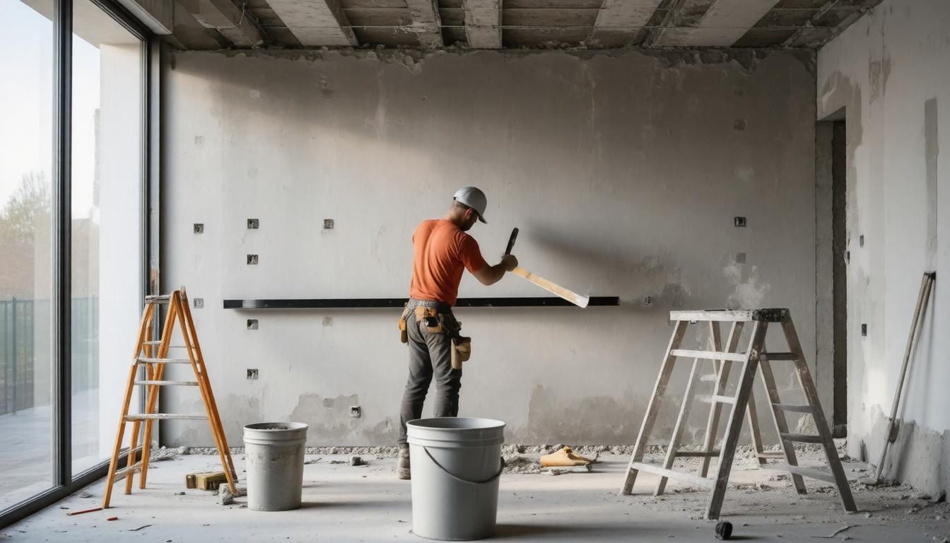 A man is applying paint to a wall in a room, focused on his task with tools nearby.