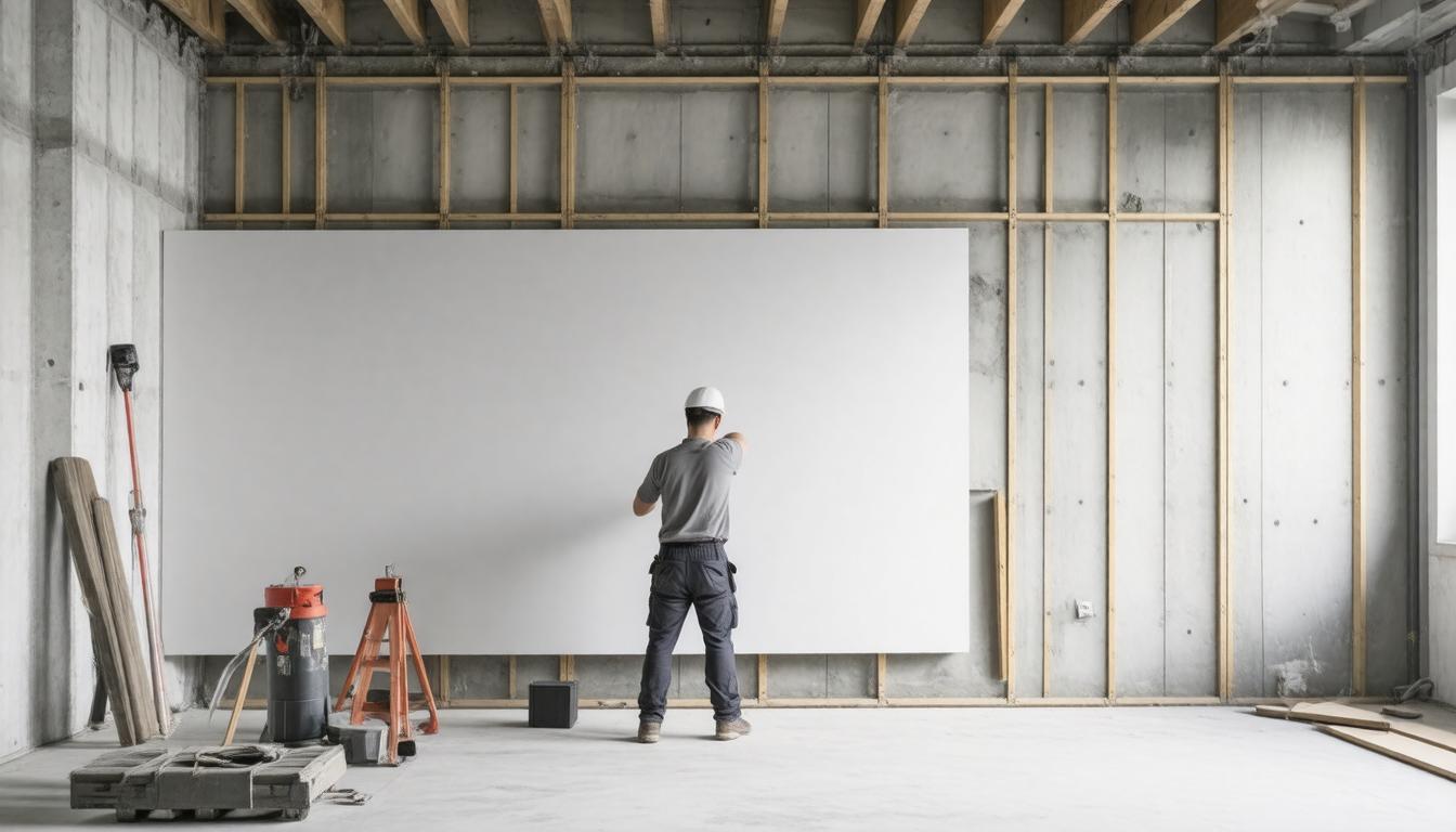 A man is painting a large white wall in a well-lit room, focused on his task.
