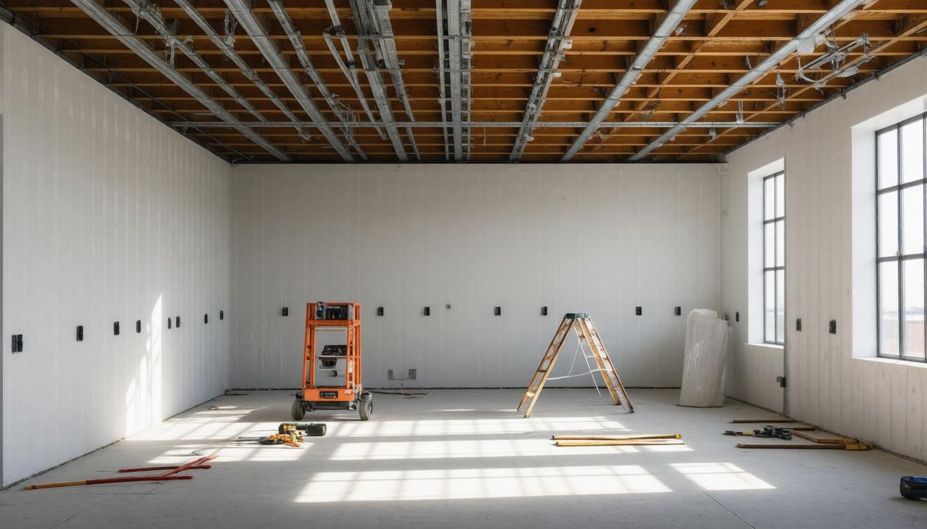A room filled with construction equipment, including tools and a ladder, indicating ongoing renovation or building work.