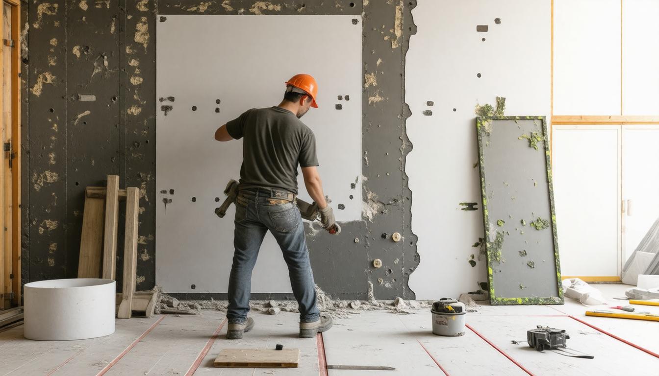 A man is applying paint to a wall in a room, focused on his task with tools nearby.