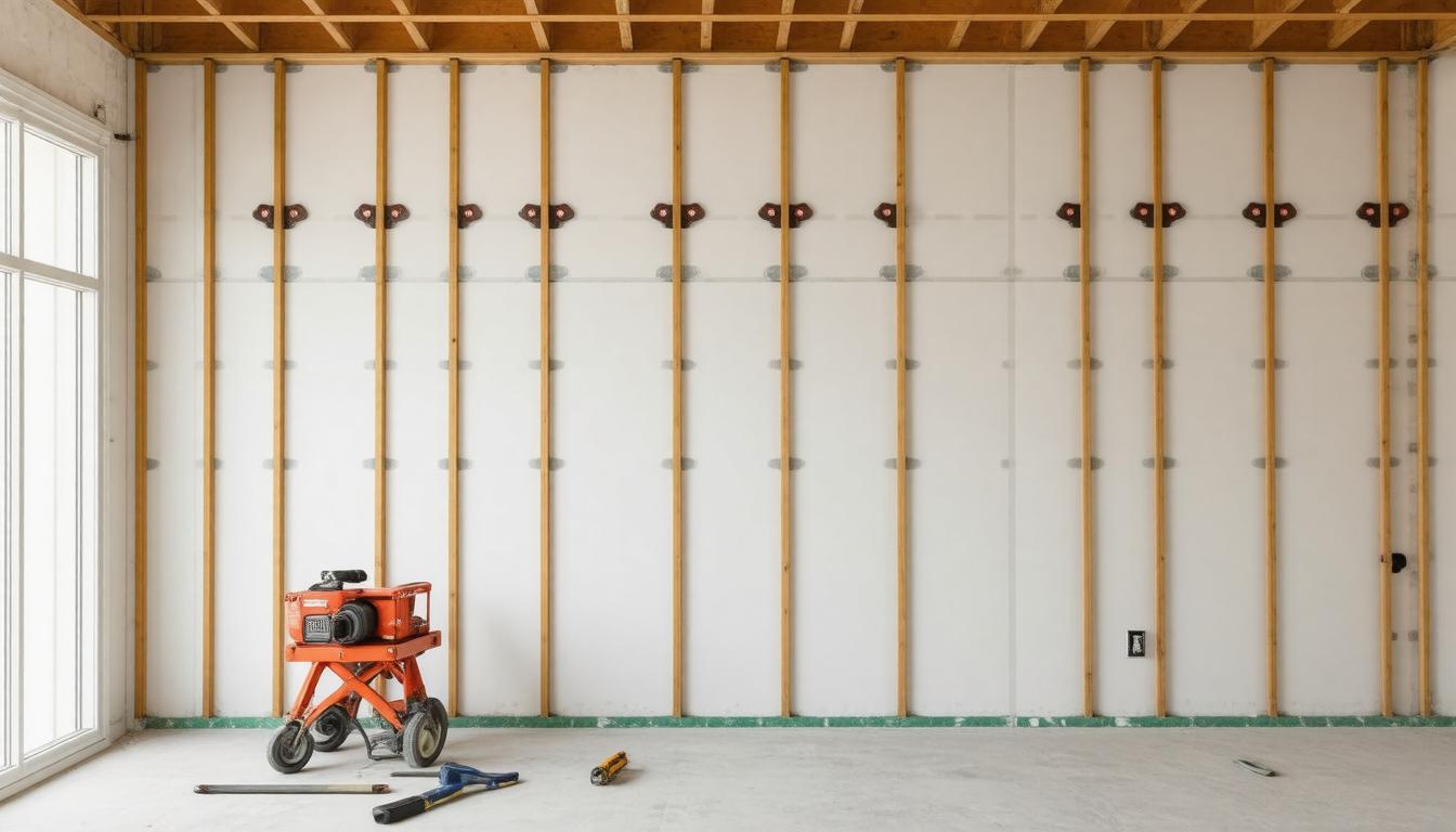 A room featuring exposed wooden beams and drywall, showcasing a rustic architectural design.