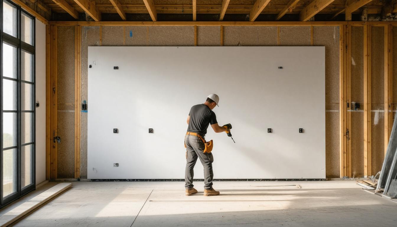 A man installing drywall on a wall in a room, focused on his work with tools nearby.